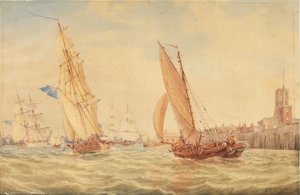 Három hadihajó és egy halászbárka kikötőben, Portsmouth, 1800-30 körüli évek